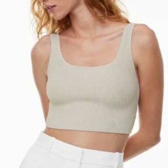 Aritzia Babaton Crop Tank Top Size Small Sculpt Rib Knit Squareneck Beige - Picture 2 of 8